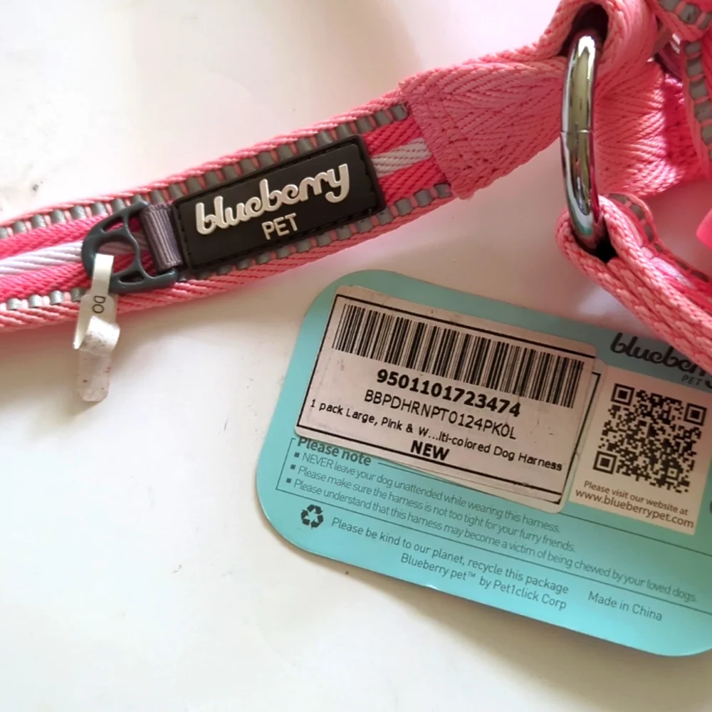 NWT Blueberry Pink & White Striped Reflective Dog Harness Size Large